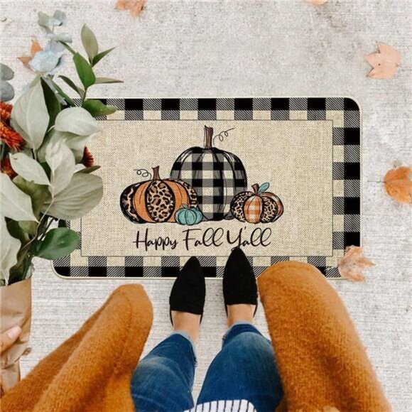 Happy Fall Y'all Doormat Buffalo Check Plaid Pumpkin Door Mats Autumn 17x29 inch - Picture 2 of 6